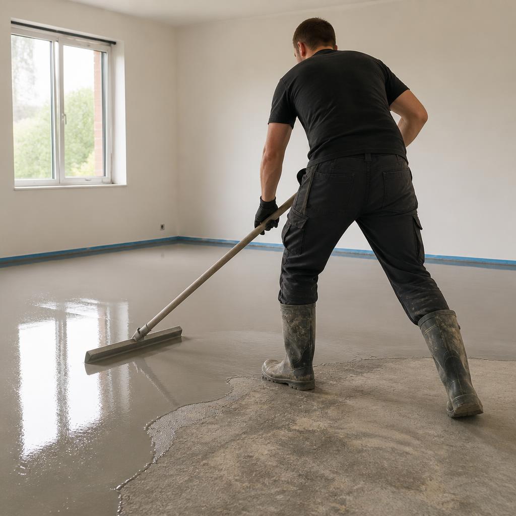 Vakman egaliseert een cementdekvloer in een lege kamer