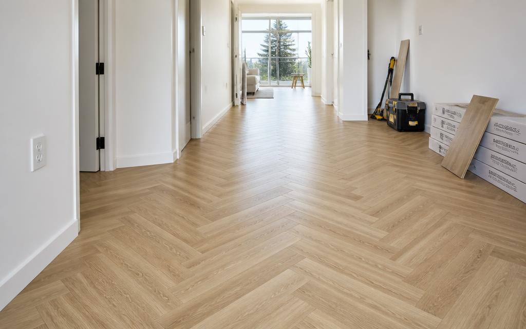 Nieuw gelegde visgraatvloer in een appartementenhal